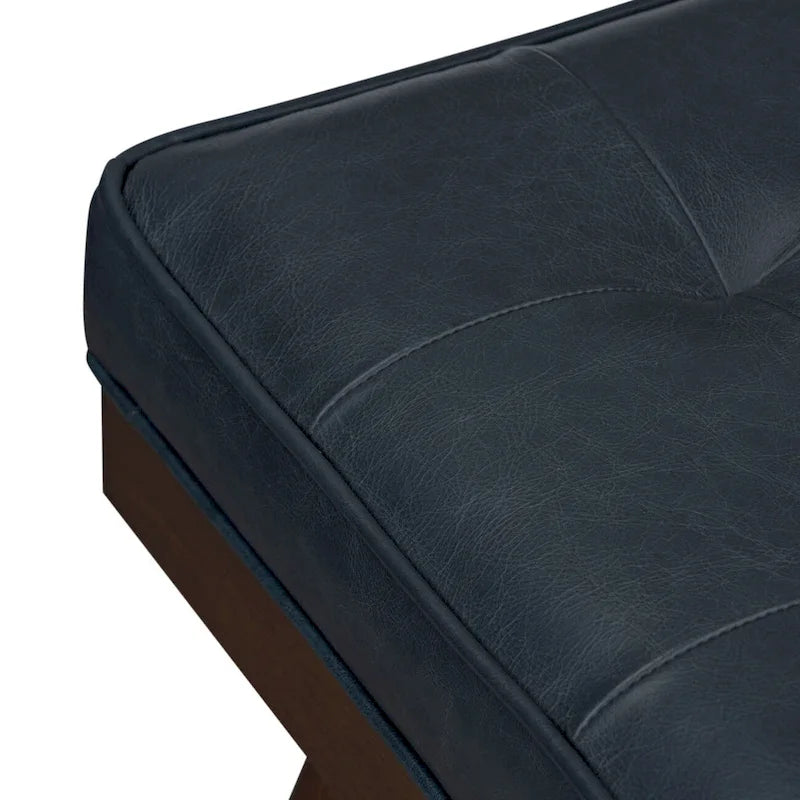 Mid-Century Tufted Full-Grain Italian Leather Upholstered Accent Bench with Wood Legs