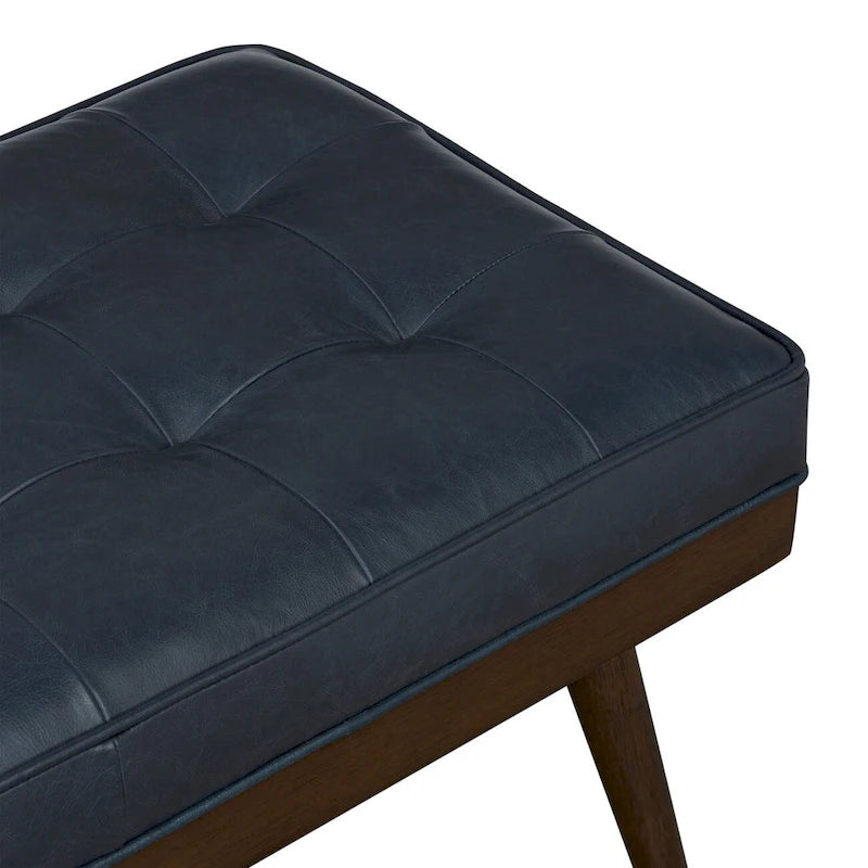 Mid-Century Tufted Full-Grain Italian Leather Upholstered Accent Bench with Wood Legs