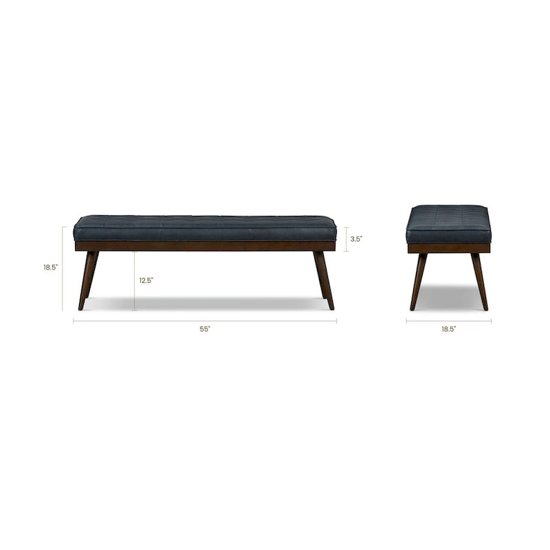 Mid-Century Tufted Full-Grain Italian Leather Upholstered Accent Bench with Wood Legs