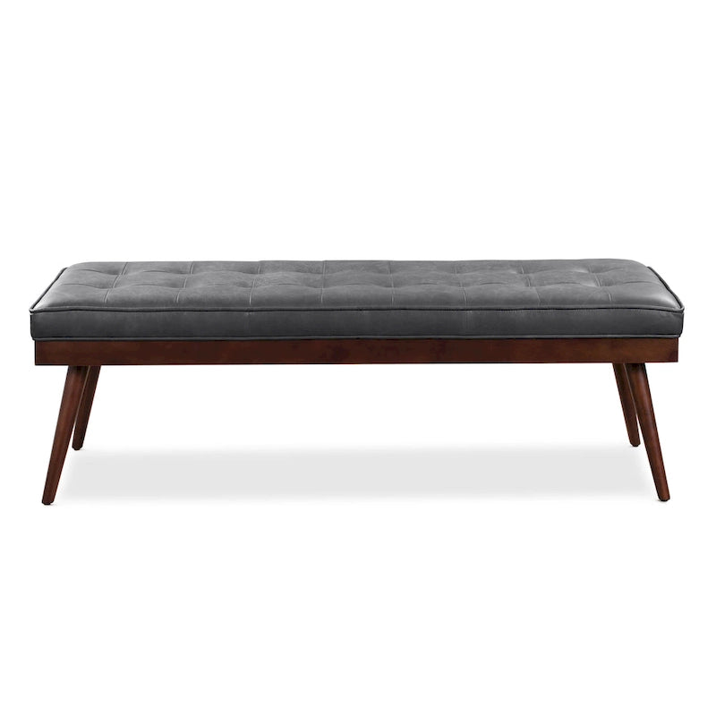 Mid-Century Tufted Full-Grain Italian Leather Upholstered Accent Bench with Wood Legs