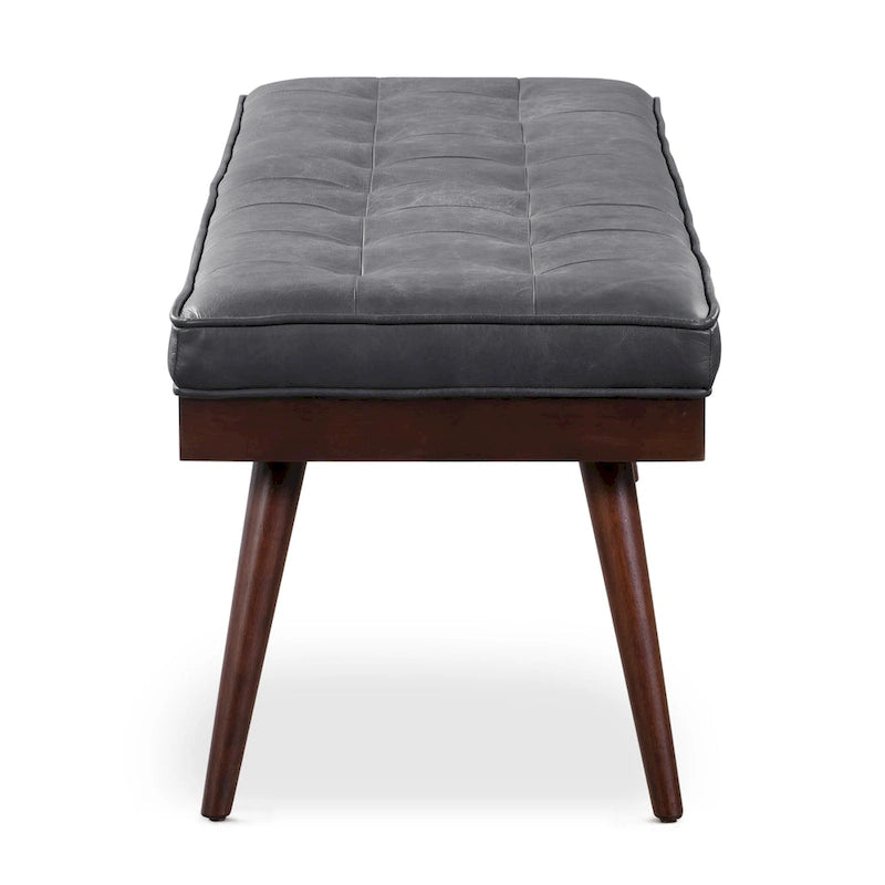 Mid-Century Tufted Full-Grain Italian Leather Upholstered Accent Bench with Wood Legs