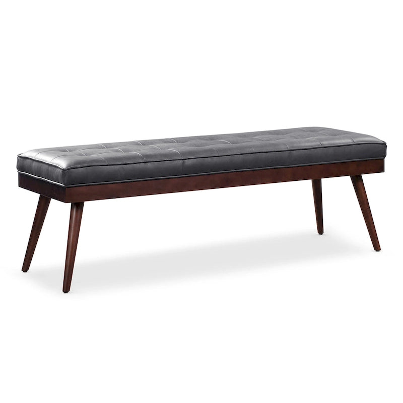 Mid-Century Tufted Full-Grain Italian Leather Upholstered Accent Bench with Wood Legs