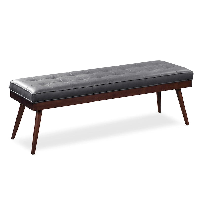 Mid-Century Tufted Full-Grain Italian Leather Upholstered Accent Bench with Wood Legs