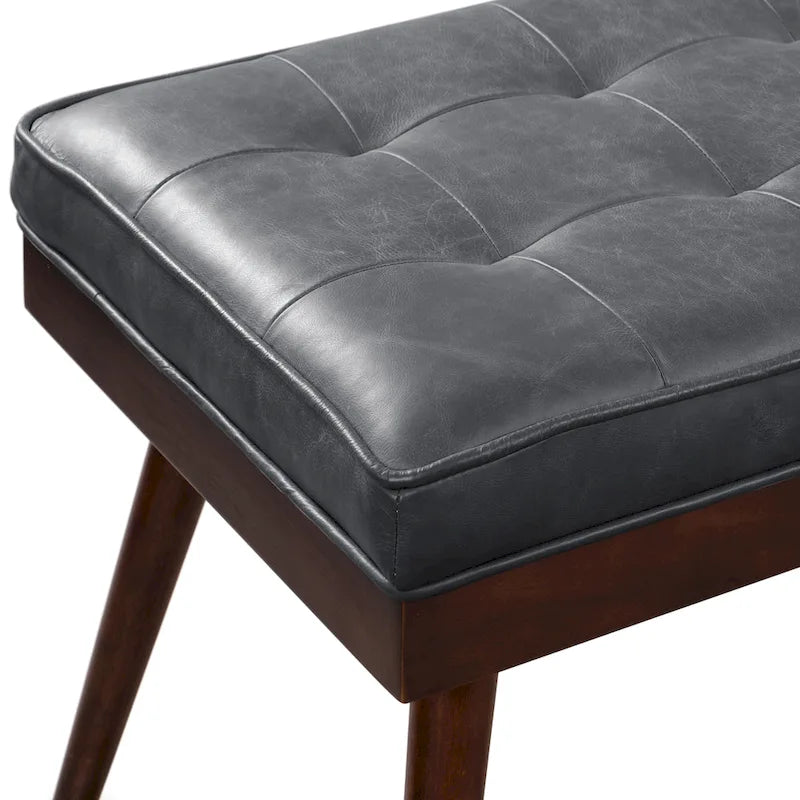 Mid-Century Tufted Full-Grain Italian Leather Upholstered Accent Bench with Wood Legs