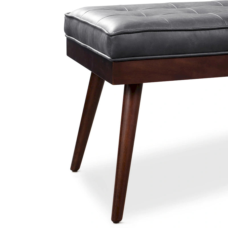 Mid-Century Tufted Full-Grain Italian Leather Upholstered Accent Bench with Wood Legs