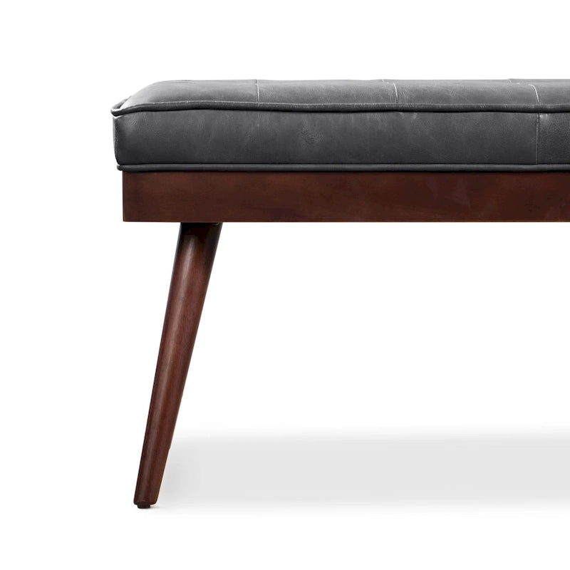 Mid-Century Tufted Full-Grain Italian Leather Upholstered Accent Bench with Wood Legs