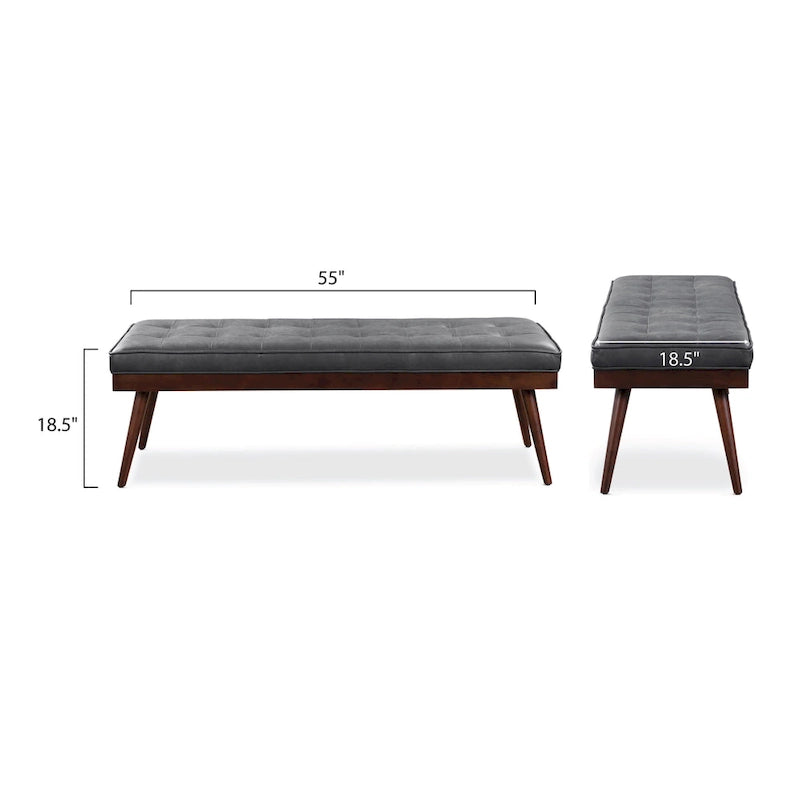 Mid-Century Tufted Full-Grain Italian Leather Upholstered Accent Bench with Wood Legs