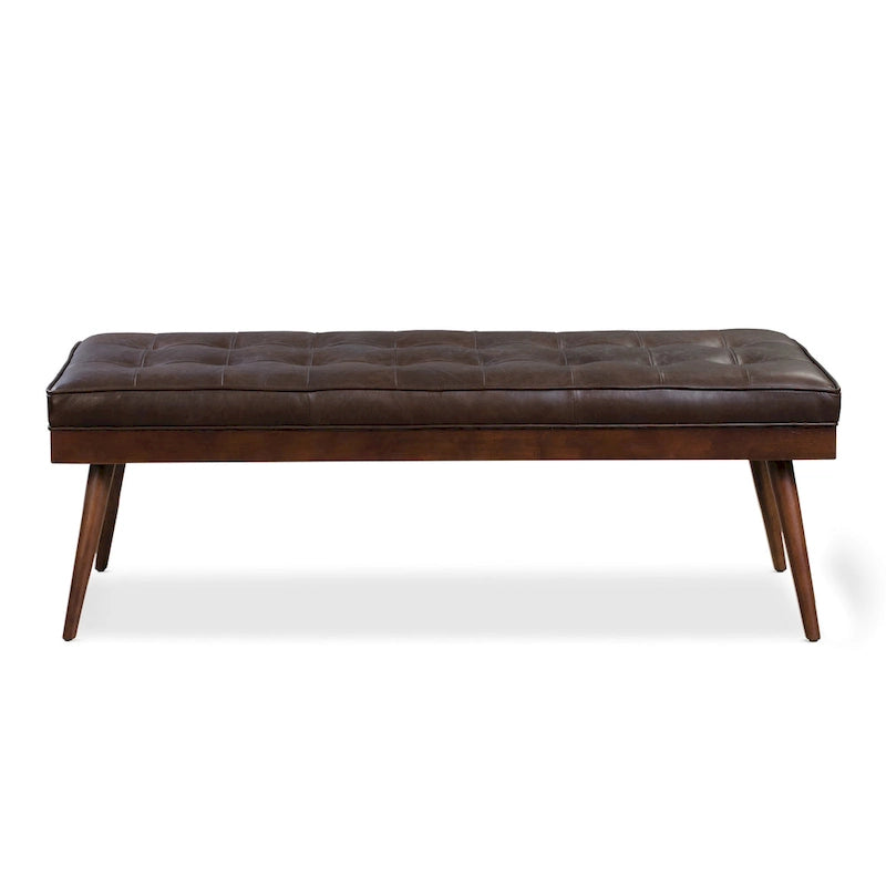 Mid-Century Tufted Full-Grain Italian Leather Upholstered Accent Bench with Wood Legs