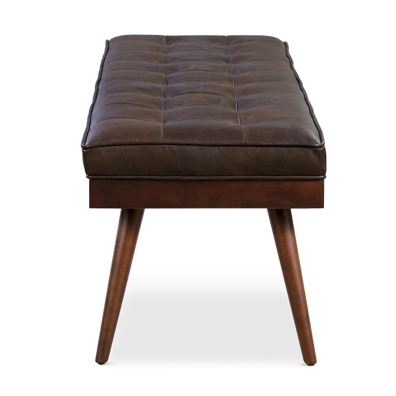 Mid-Century Tufted Full-Grain Italian Leather Upholstered Accent Bench with Wood Legs