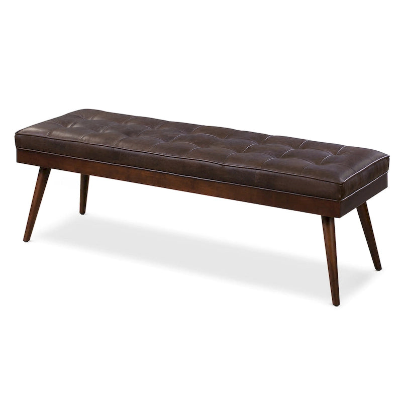 Mid-Century Tufted Full-Grain Italian Leather Upholstered Accent Bench with Wood Legs