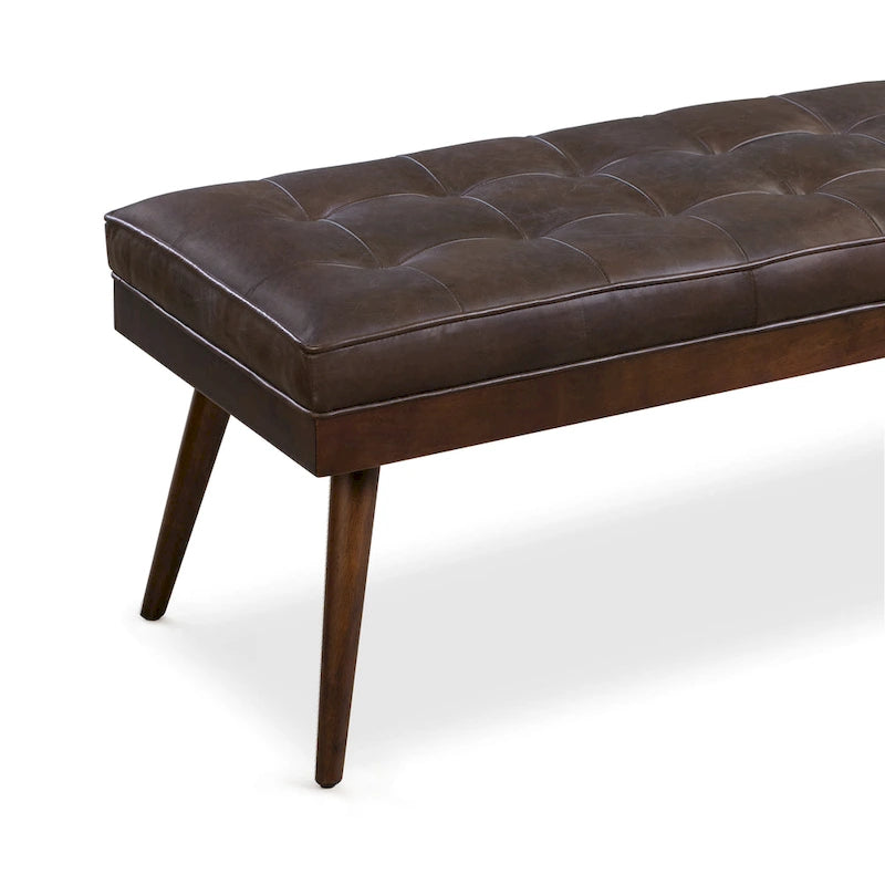Mid-Century Tufted Full-Grain Italian Leather Upholstered Accent Bench with Wood Legs