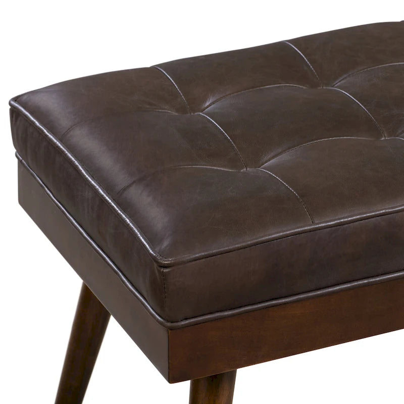 Mid-Century Tufted Full-Grain Italian Leather Upholstered Accent Bench with Wood Legs