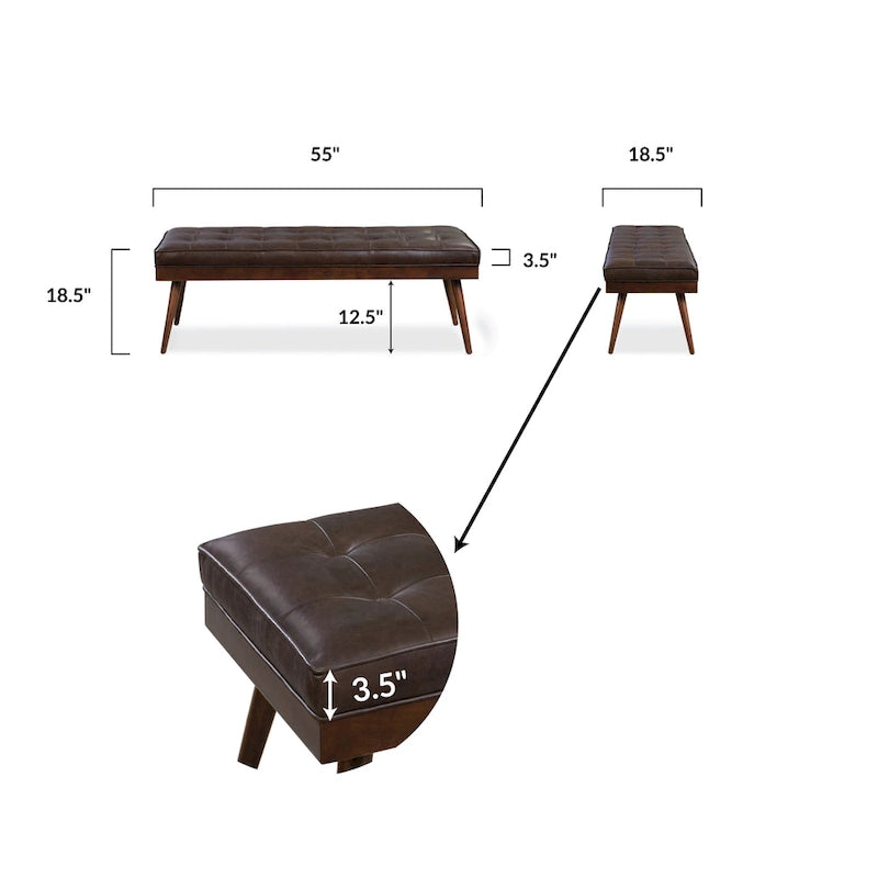 Mid-Century Tufted Full-Grain Italian Leather Upholstered Accent Bench with Wood Legs